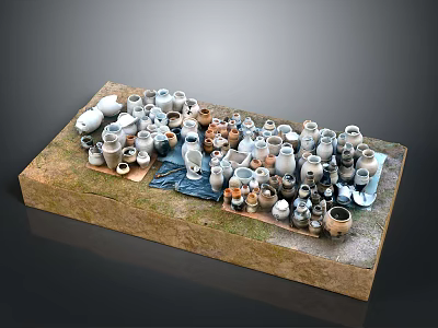 Various Ceramic Sculptures In Different Shapes Sizes Arranged On Textured Display Platform With Earth Tones 3d model