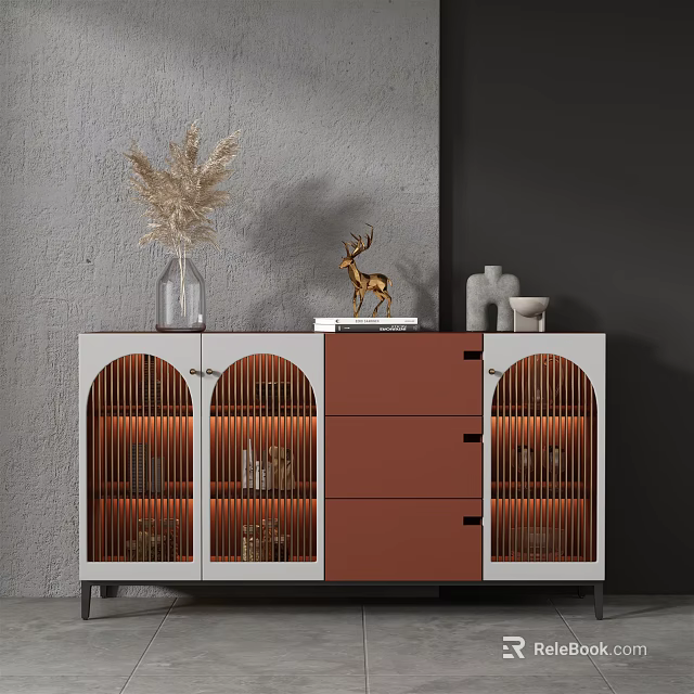 Modern White and Brown Sideboard With Glass Doors Lighting And Decorative Items On Top 3d model 