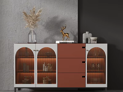 Modern White and Brown Sideboard With Glass Doors Lighting And Decorative Items On Top 3d model