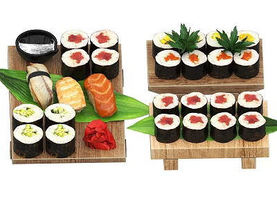 Delicious Fresh Sushi Platter With Various Types And Leaf Garnish On Wooden Trays 3d model