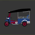 Blue Auto Rickshaw Tricycle With Black Roof Red Wheels Checkered Seats And Yellow License Plate