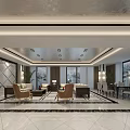 Elegant Office Interior Design With Round Ceiling Lights Wooden Desk Leather Sofa And Geometric Floor