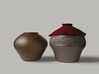 Two Ceramic Jars with Brown Glaze and Red Lid Featuring Intricate Carved Patterns 3d model
