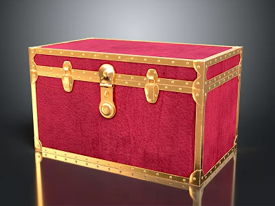 Red Velvet Vintage Storage Trunk With Gold Metal Lock Clasp And Corner Brackets 3d model