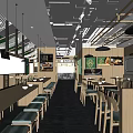 Modern Restaurant Interior With Wooden Long Tables Green Decor Hanging Lights And Seating