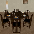 Traditional Chinese Dark Wood Round Dining Table With Six White Cushioned Chairs And Table Settings