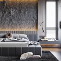 Modern Bedroom Interior Design With Headboard Wall Built in Lighting Large Bed Gray Rug Windows