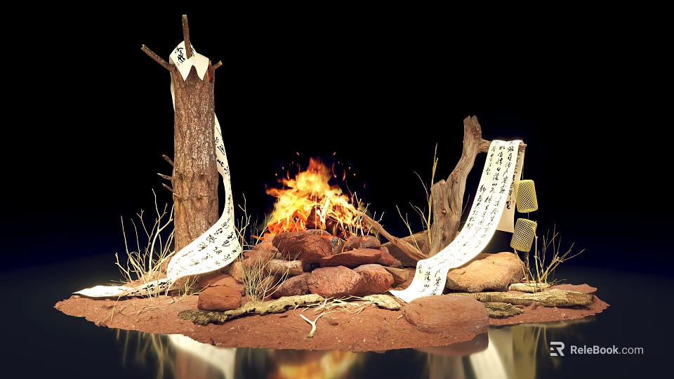 Burning Bonfire With Firewood Stones And Scrolls On Sandy Ground 3d model 