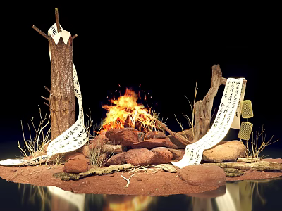 Burning Bonfire With Firewood Stones And Scrolls On Sandy Ground 3d model