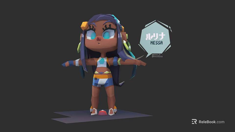 Cartoon Style 3D Game Movie Character NESSIA With Blue Eyes Purple Hair And Striped Outfit 3d model 