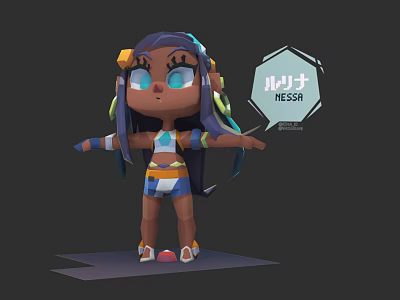 Cartoon Style 3D Game Movie Character NESSIA With Blue Eyes Purple Hair And Striped Outfit 3d model