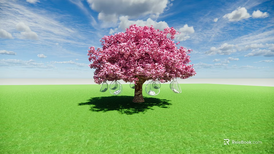 Playground Swings Hanging From Pink Flowering Tree Over Green Grass Under Blue Sky With Clouds 3d model 