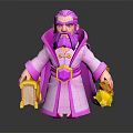 3D Cartoon Purple Wizard In Pink Robe Holding Yellow Book And Golden Scroll
