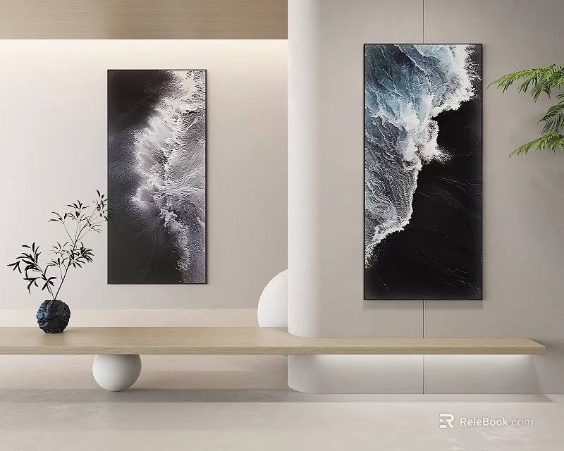 Modern Interior With Ocean Wave Paintings Wooden Console Black Vase Green Plant And Decor 3d model 