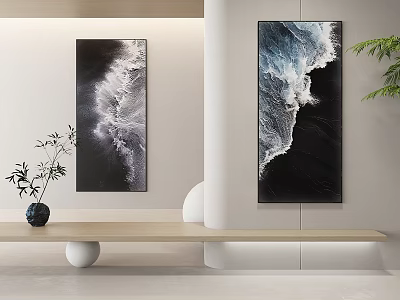 Modern Interior With Ocean Wave Paintings Wooden Console Black Vase Green Plant And Decor 3d model