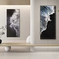 Modern Interior With Ocean Wave Paintings Wooden Console Black Vase Green Plant And Decor