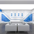 Modern Tech Savvy Exhibition Hall With Blue Background Sofas And Display Wall 3d model