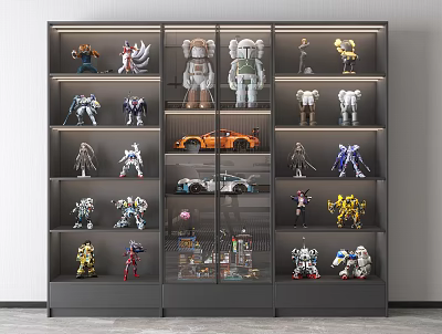 Modern Display Cabinet Shelves With Collectible Models Toy Figures And Car Models 3d model