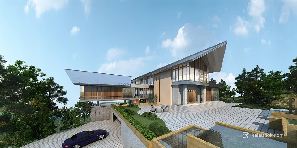 Modern Detached Villa With Sloped Roof Large Glass Windows Landscaped Garden And Driveway 3d model 
