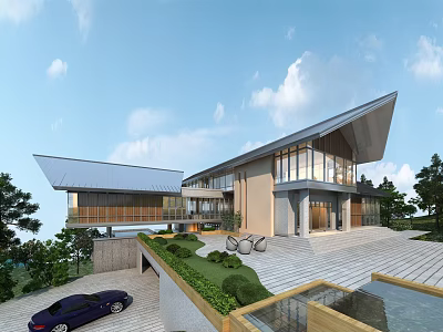 Modern Detached Villa With Sloped Roof Large Glass Windows Landscaped Garden And Driveway 3d model