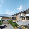 Modern Detached Villa With Sloped Roof Large Glass Windows Landscaped Garden And Driveway