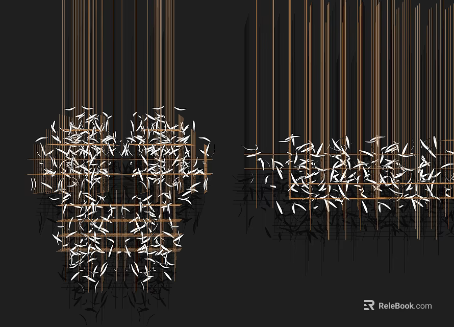 Unique Shaped Pendant Light With Heart Shaped Structure Golden Rods And White Elements 3d model 