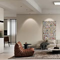 Modern Living Dining Room Interior with Beige Sofa Colorful Abstract Painting Brown Armchair and Rug