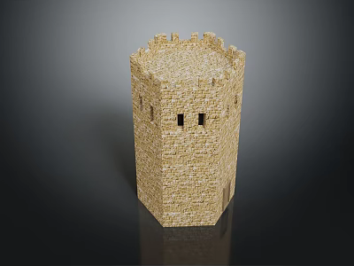 Square Stone Brick Tower Model With Battlements Small Windows And Textured Surface 3d model