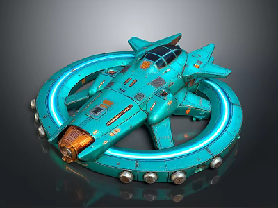 Teal Cosmic Spaceship Design With Circular Ring Neon Lights Cockpit And Mechanical Details 3d model
