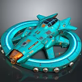 Teal Cosmic Spaceship Design With Circular Ring Neon Lights Cockpit And Mechanical Details