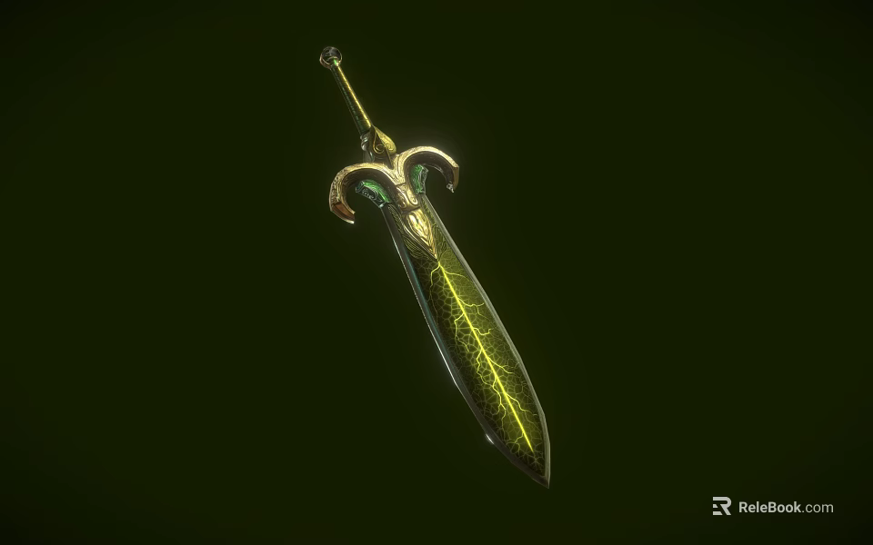 Fantasy Decorative Sword With Green Blade Golden Decorations And Intricate Patterns 3d model 