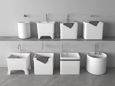 White Bathroom Sinks And Toilets Display On Shelves With Modern Design 3d model