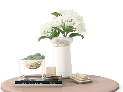 Fresh White Flowers in White Vase with Books Cup and Small Plant on Round Table 3d model