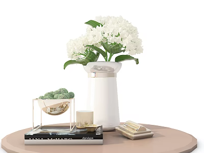 Fresh White Flowers in White Vase with Books Cup and Small Plant on Round Table 3d model Fresh White Flowers in White Vase with Books Cup and Small Plant on Round Table 3d model