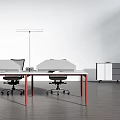 Modern Office Desk With Red Legs White Top Partition And Black Office Chair