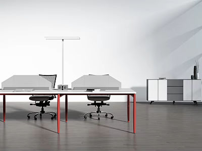 Modern Office Desk With Red Legs White Top Partition And Black Office Chair 3d model