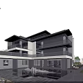 Modern Detached Villa Exterior Design With Large Glass Windows And Courtyard Area