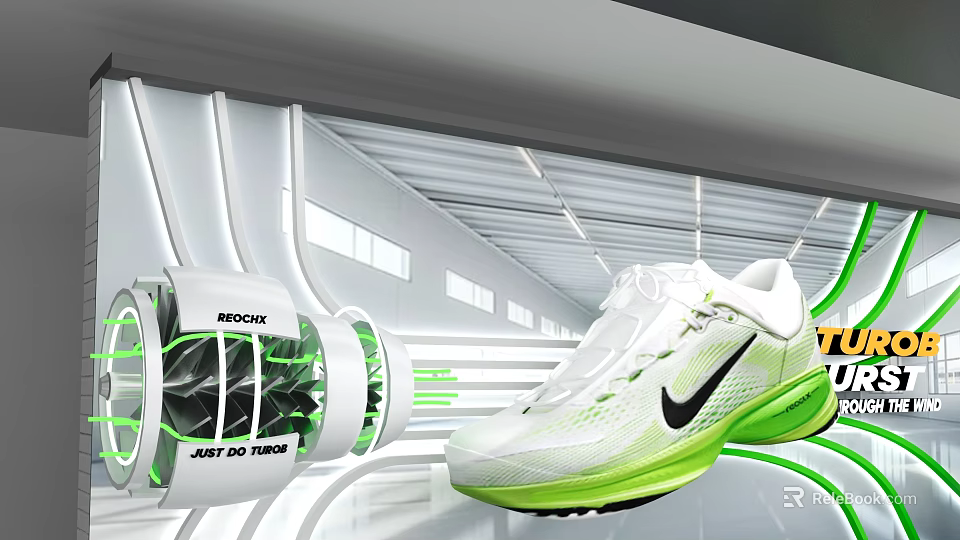 Sleek Futuristic Store Display Window Showcasing High Performance White Green Nike Running Sneakers 3d model 