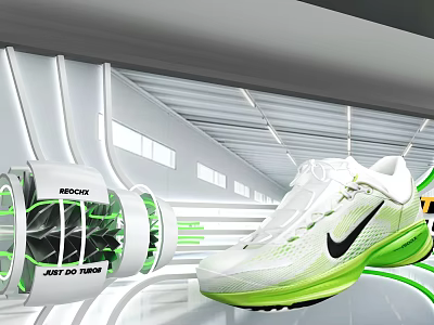 Sleek Futuristic Store Display Window Showcasing High Performance White Green Nike Running Sneakers 3d model