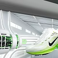Sleek Futuristic Store Display Window Showcasing High Performance White Green Nike Running Sneakers