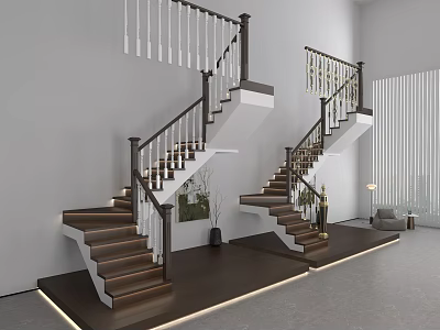 Modern Interior Stairs With Wooden Steps Dark Handrails And Lighting Decor 3d model