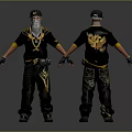 Two Characters In Black Outfits With Yellow Eagle Design And Masked Front View 3d model