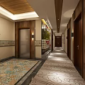 Elegant Hotel Corridor Featuring Wooden Decor Elevator Patterned Carpet Ceiling Lighting And Green Plant Wall 3d model
