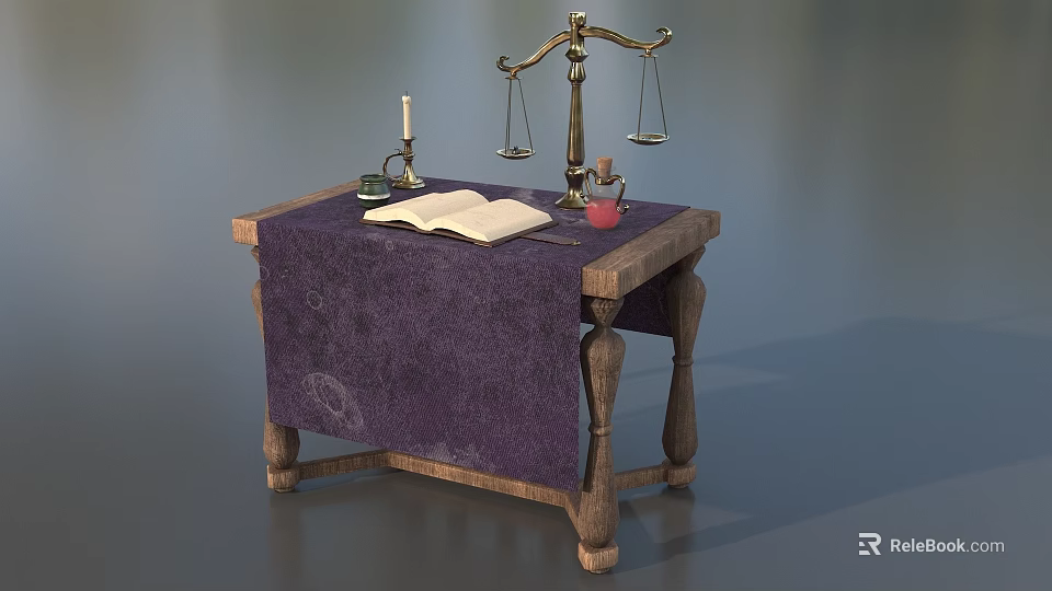 Vintage Mystical Table With Purple Cloth Open Book Balance Scale Candle Inkwell Red Vial 3d model 