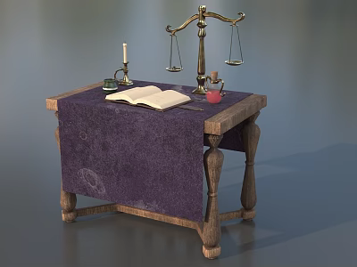 Vintage Mystical Table With Purple Cloth Open Book Balance Scale Candle Inkwell Red Vial 3d model