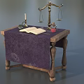 Vintage Mystical Table With Purple Cloth Open Book Balance Scale Candle Inkwell Red Vial