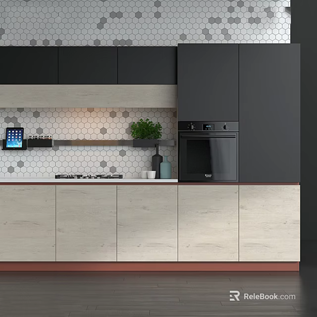 Modern Kitchen With Black And Light Wood Cabinets Hexagonal Tile Backsplash And Oven 3d model
