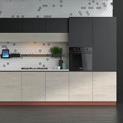 Modern Kitchen With Black And Light Wood Cabinets Hexagonal Tile Backsplash And Oven 3d model