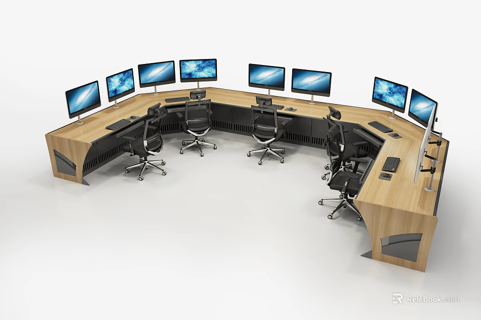 Large Curved Office Desk Setup With Multiple Computer Monitors And Chairs 3d model 