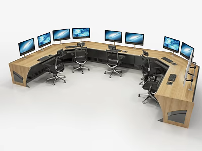 Large Curved Office Desk Setup With Multiple Computer Monitors And Chairs 3d model